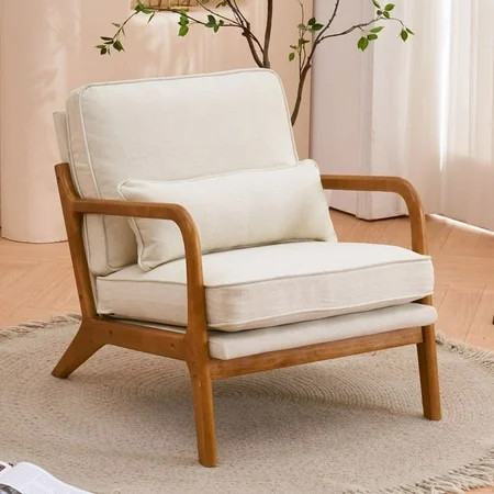 Accent Chairs, Single Linen Lounge Reading Armchair with Solid Wood Frame, Mid Century Modern Easy Assembly Arm Chairs for Living Room-Beige | Walmart (US)