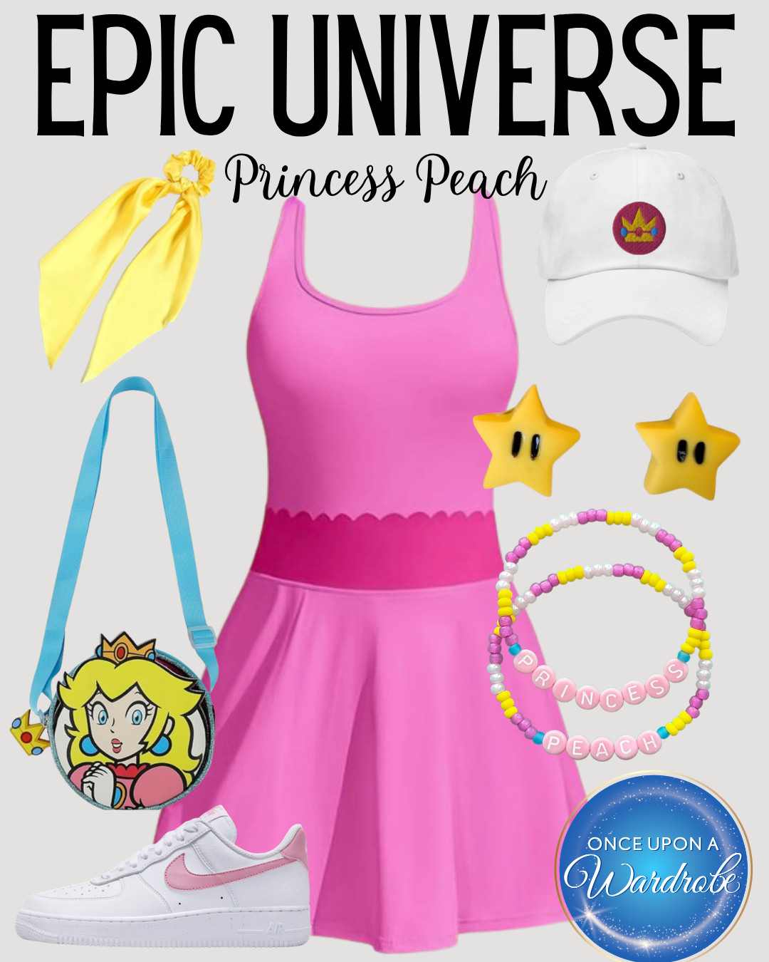 A theme park outfit for women inspired by Princess Peach for Epic Universe 🍑 This pink park look is perfect for Super Nintendo World, Universal Orlando, or a cute vacation outfit with a pink dress, Princess Peach bag, white sneakers, star earrings, bracelet stack, and an easy baseball cap. 

 #LTKootd #LTKmomlife #LTKTravel