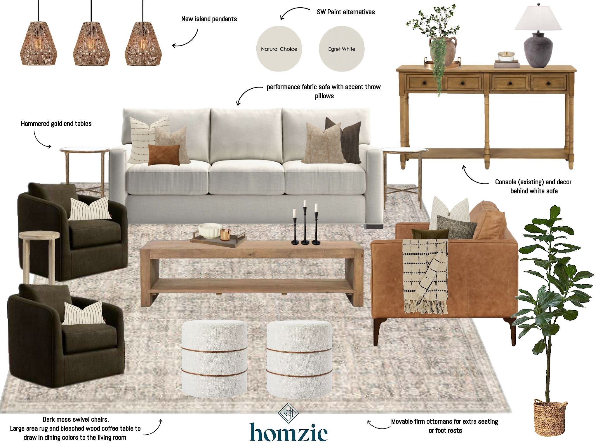 This is a transitional living room with earthy tones and a mix of modern and rustic textures. It features: White Sofa, Dark Swivel Chairs, Leather Armchair, Woven Pendants, Wood Console, Round Ottomans. 

 

#LTKActive #LTKHome #LTKStyleTip