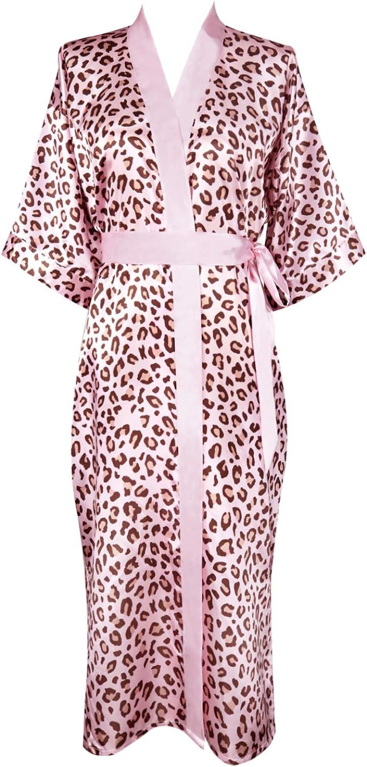 Womens Satin Robe Pink Leopard Nightgown Sleepwear V-Neck Bathrobe Loungewear Party | Amazon (US)