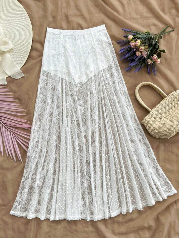 Soleia Women's Vacation Style Lace Polka Dot Mesh Patchwork A-Line Loose White Semi-Sheer Beach S... | SHEIN