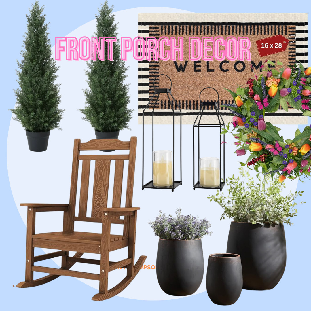 Front Porch Decor | Outdoor Artificial Plants | Outdoor Pots | Rocking Chairs | Porch Decor | Faux Plants | Front Door Wreath | Spring Wreath | Lanterns | Welcome Mat | Doormat | Doormat Coir  | Spring Refresh 

 #LTKSeasonal #LTKHome #LTKSaleAlert