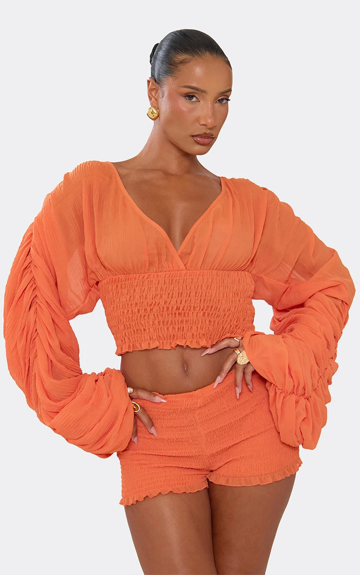 Frilled Hem Hot Pant Shorts In Orange Shirred, Women's Size UK 6 | EGO (UK)