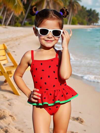 Emery Rose Kids Emery Rose Kids Young Girl Summer Holiday Beach Bow Decor Watermelon Print Ruffle... | SHEIN