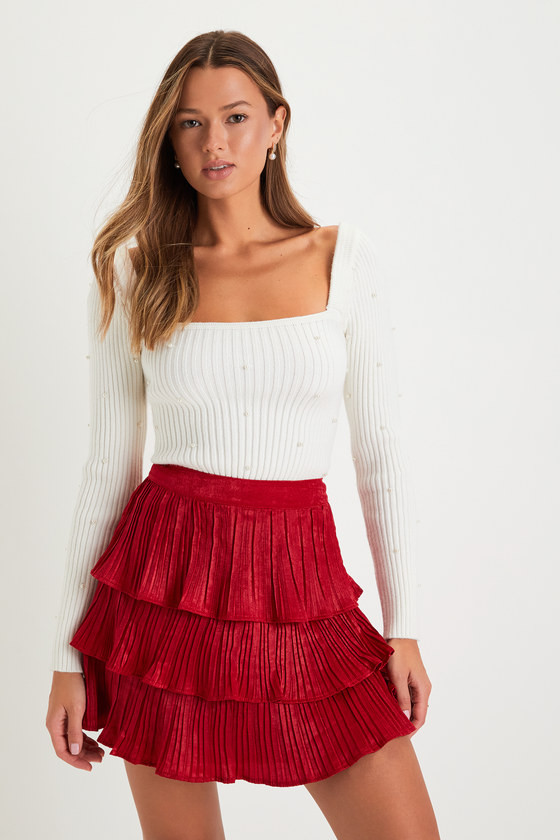 Treasured Sweetie Red Satin Plisse Tiered Mini Skirt | Lulus