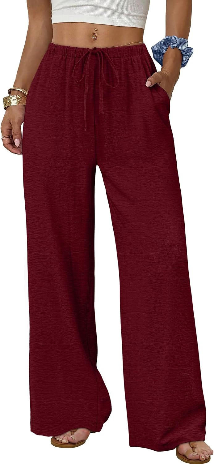 Sampeel Wide Leg Pants for Women Flowy Palazzo Drawstring Elastic Waist Trousers with Pockets Summer Beach Vacation Clothes | Amazon (US)