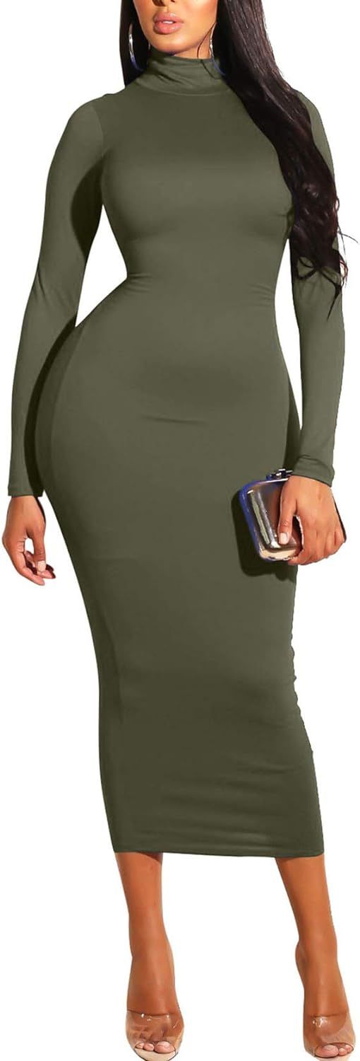 GOBLES Women's Sexy Turtleneck Long Sleeve Elegant Bodycon Party Long Dress | Amazon (US)