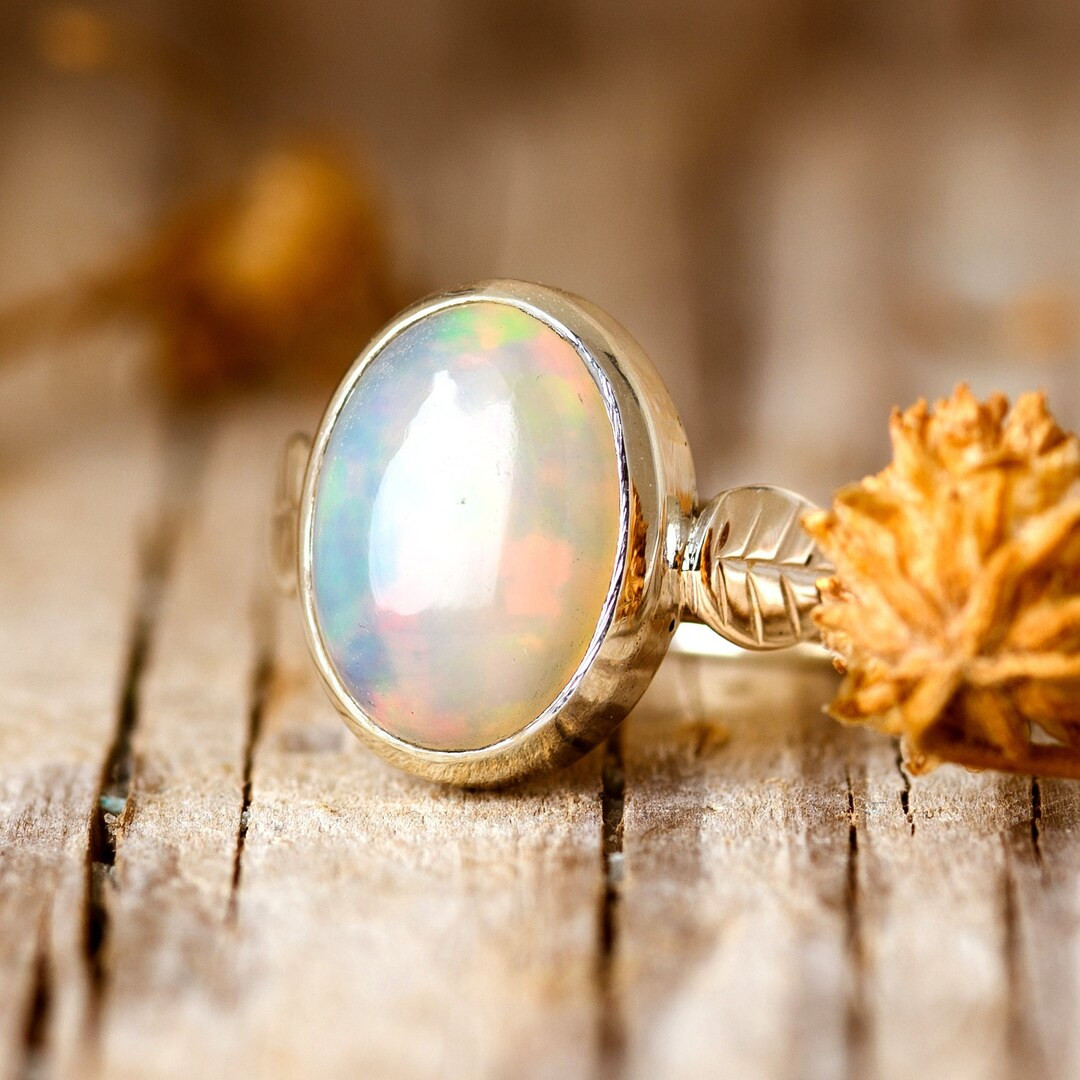 Opalring for Women, Sterling Silver Ring, Boho Ring, Natural Genuine Blue Stone Ring, Leaf Ring -... | Etsy (US)