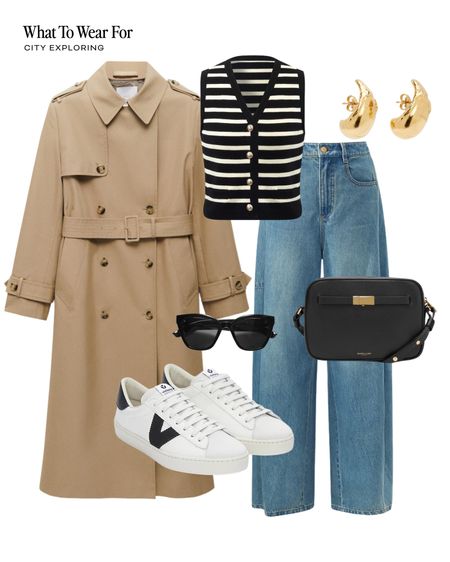 Trench coat styling 🧥 

Wide jeans, Victoria trainers, striped knit, casual outfit, spring summer, rainy day style 

#LTKeurope #LTKstyletip