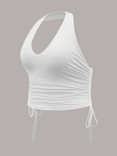 SHEIN EZwear Plus Halter Neck Wrap Drawstring Backless Crop Top | SHEIN