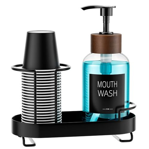 Glass Mouthwash Dispenser for Bathroom,Mouth Wash Pump Bottle with Stainless Steel Cup Holder,17 OZ Refillable Clear Mouthwash Container,21 Black Paper Cups & 2 Waterproof Labels | Amazon (US)