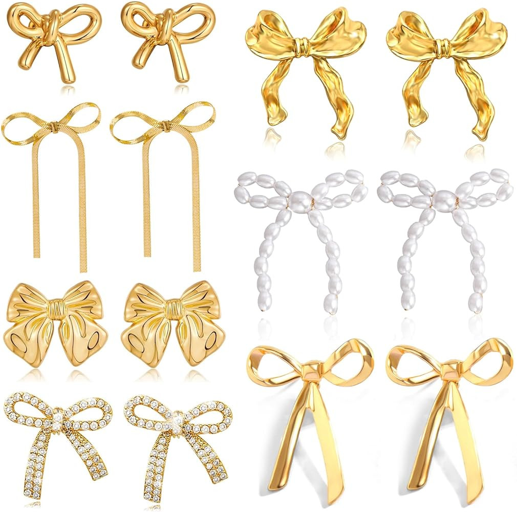 Gold Bow Earrings for Women Classic Ribbon Bow Stud Earring Set | Amazon (US)
