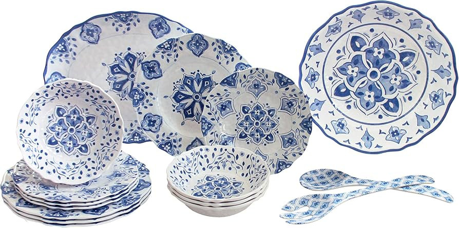 Le Cadeaux 16 Piece Luxury Melamine Dinnerware Set, Service for 4 (Moroccan Blue) | Amazon (US)