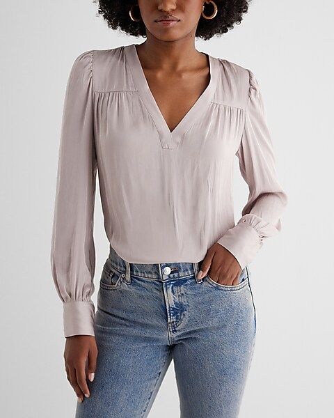 Satin V-neck Cuff Sleeve Top | Express