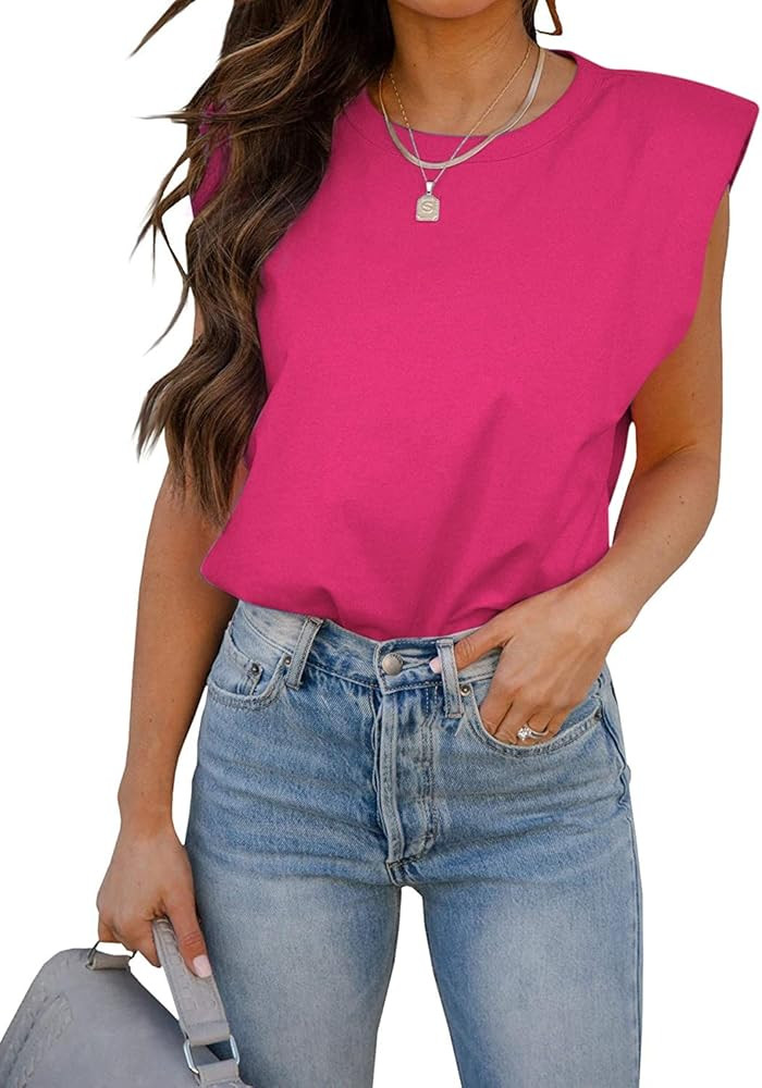 BZB Women Sleeveless T Shirt Padded Shoulder Crewneck Solid Color Loose Tank Tops | Amazon (US)