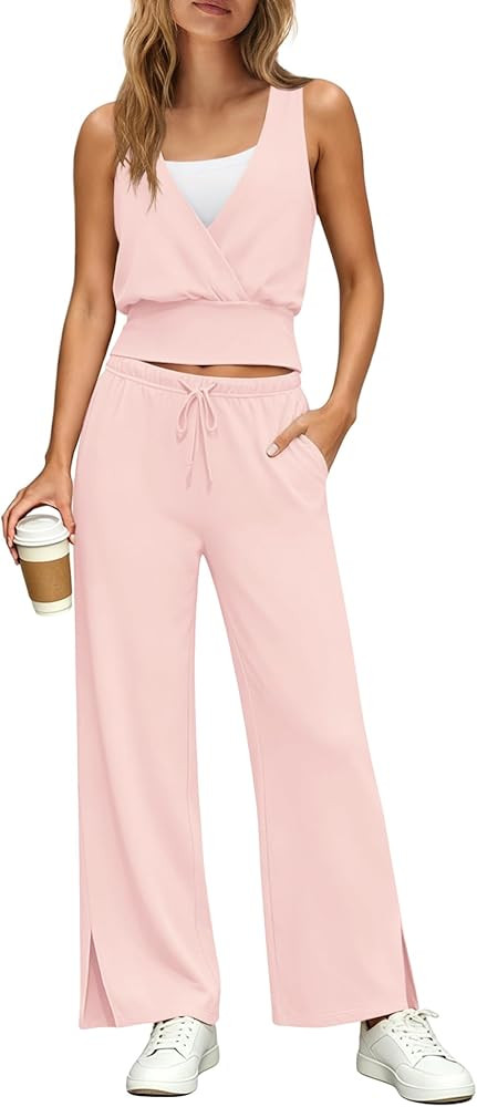 Yanekop Womens 2 Piece Lounge Set Pilates Wrap Top Wide Leg Pants Set Summer Beach Vacation Outfi... | Amazon (US)
