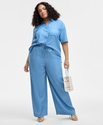 On 34th Trendy Plus Size Chambray Short Sleeve Shirt Chambray Drawstring Pants Exclusively At Macys | Macy's