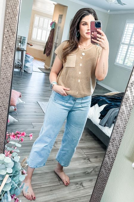The perfect blouse and the perfect jeans. High waisted with button closure, and soft knit cropped sweater. Perfect transitional outfit  

#LTKFindsUnder100 #LTKFindsUnder50 #LTKOver40