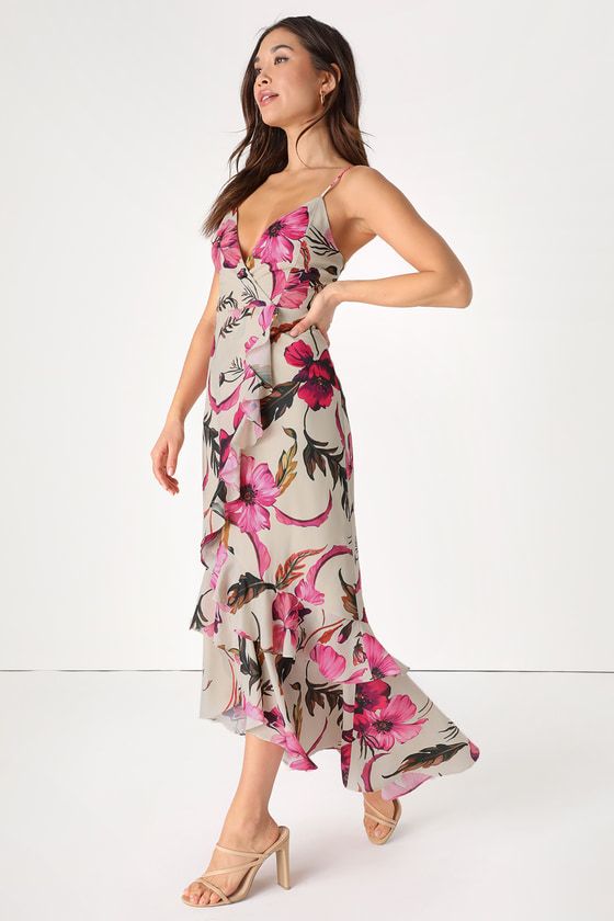 Lovely Ways Light Beige Floral Print Ruffled Tulip Midi Dress | Lulus (US)