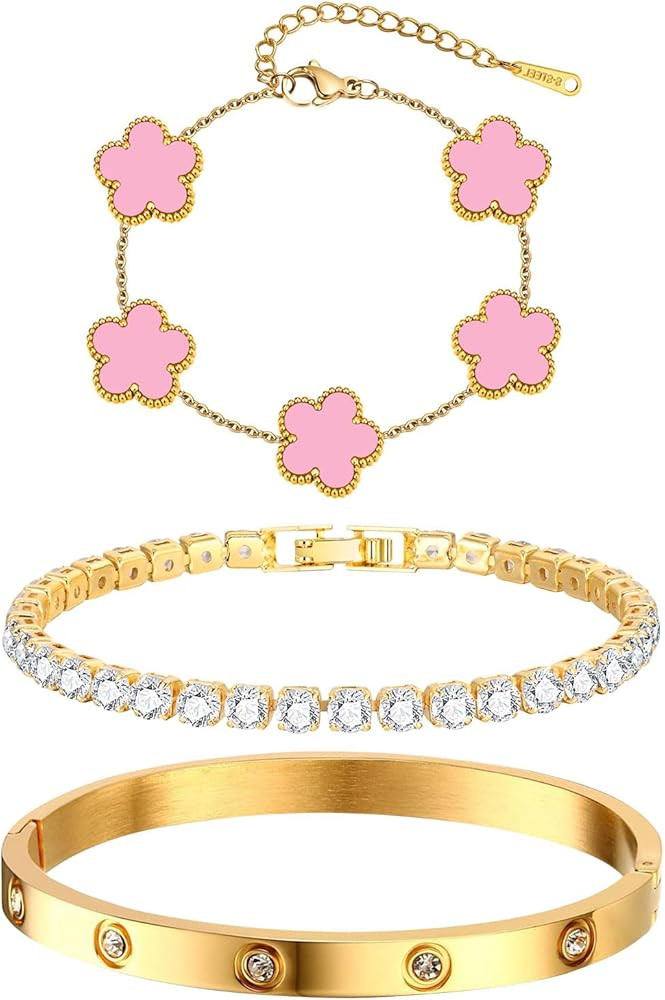 Womens Stackable Floral Gold Bracelets - 3Pcs 18K Gold Plated Bracelet,Stainless Steel Bangle Bra... | Amazon (US)