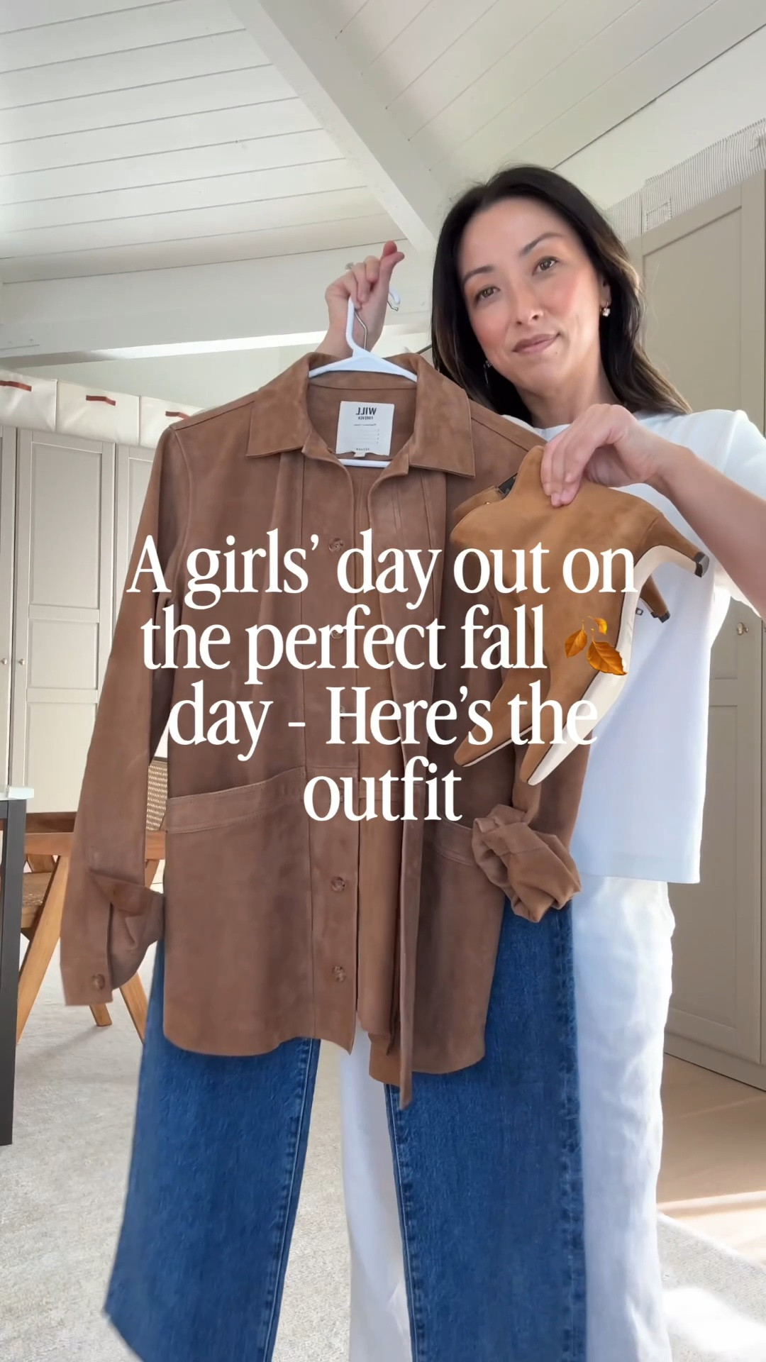 A girls day out on the perfect fall day here is your exact outfit

Sezane Suede jacket 2
Aritzia T-shirt, medium
Aritzia jeans size 26 – cut hems. Old. Linked new version. 
J.Crew cashmere cableknit, medium
Staud ankle booties 5.5
J.Crew bag
Celine sunglasses