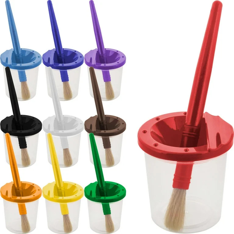 U.S. Art Supply 10 Piece Children's No Spill Paint Cups w/ Colored Lids & 10 Piece Large Round Br... | Walmart (US)