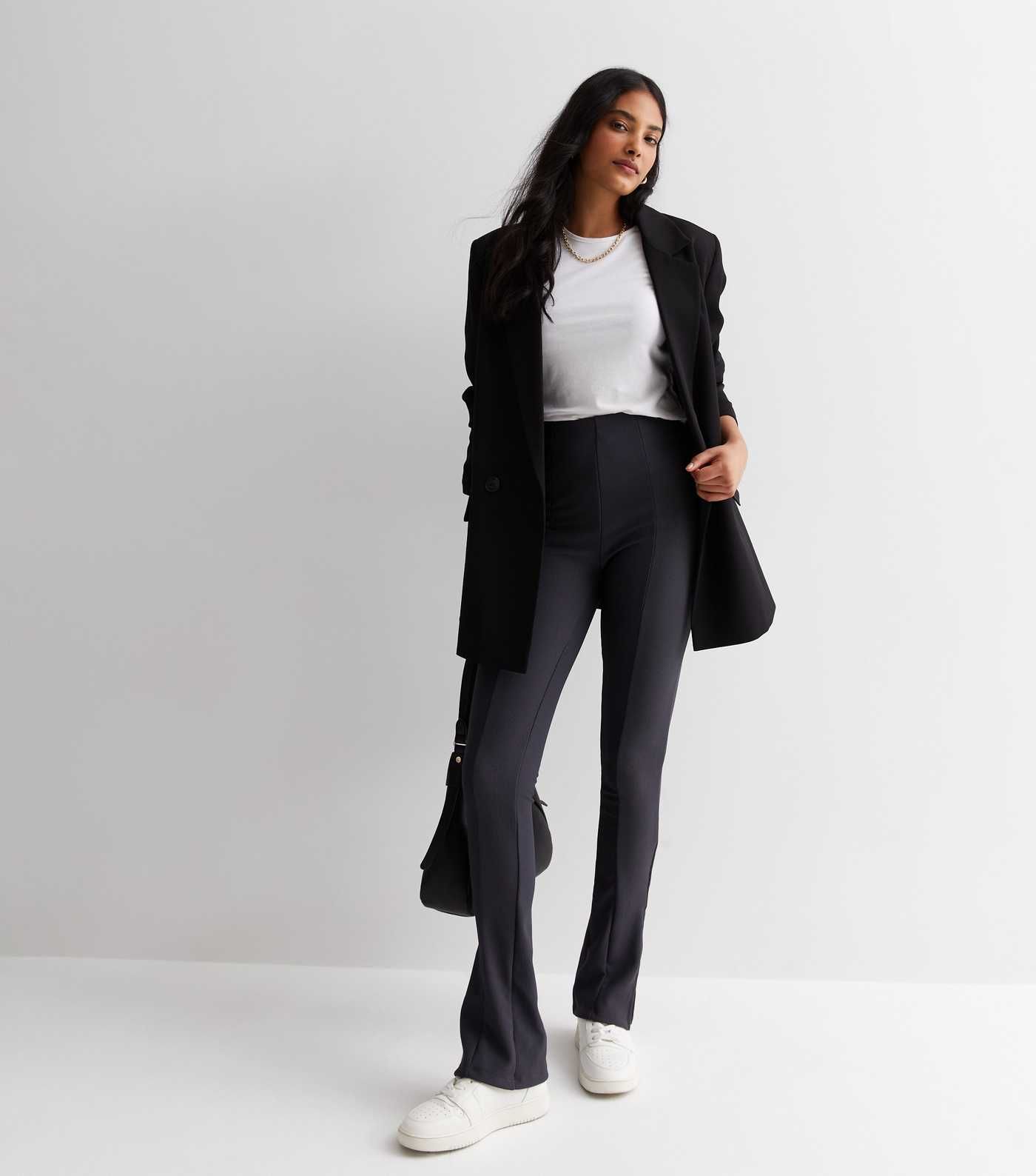 Dark Grey Ribbed Split Hem Flared Leggings | New Look | New Look (UK)