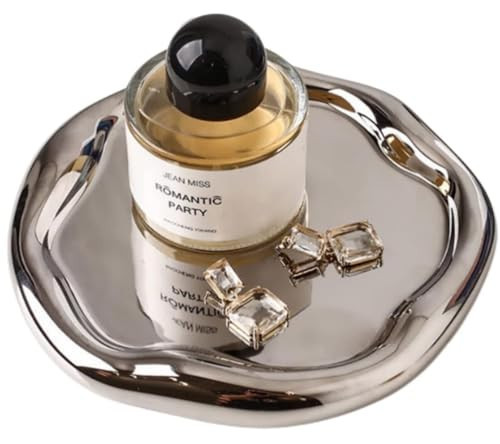 CHENDECOR Silver Tray Decorative Vanity Tray Bathroom Tray Jewelry Dish Ceramic Silver Round Plate Holder Makeup Tray Home Organizers Irregular Storage Plate Bathroom Organizer (Round) | Amazon (US)