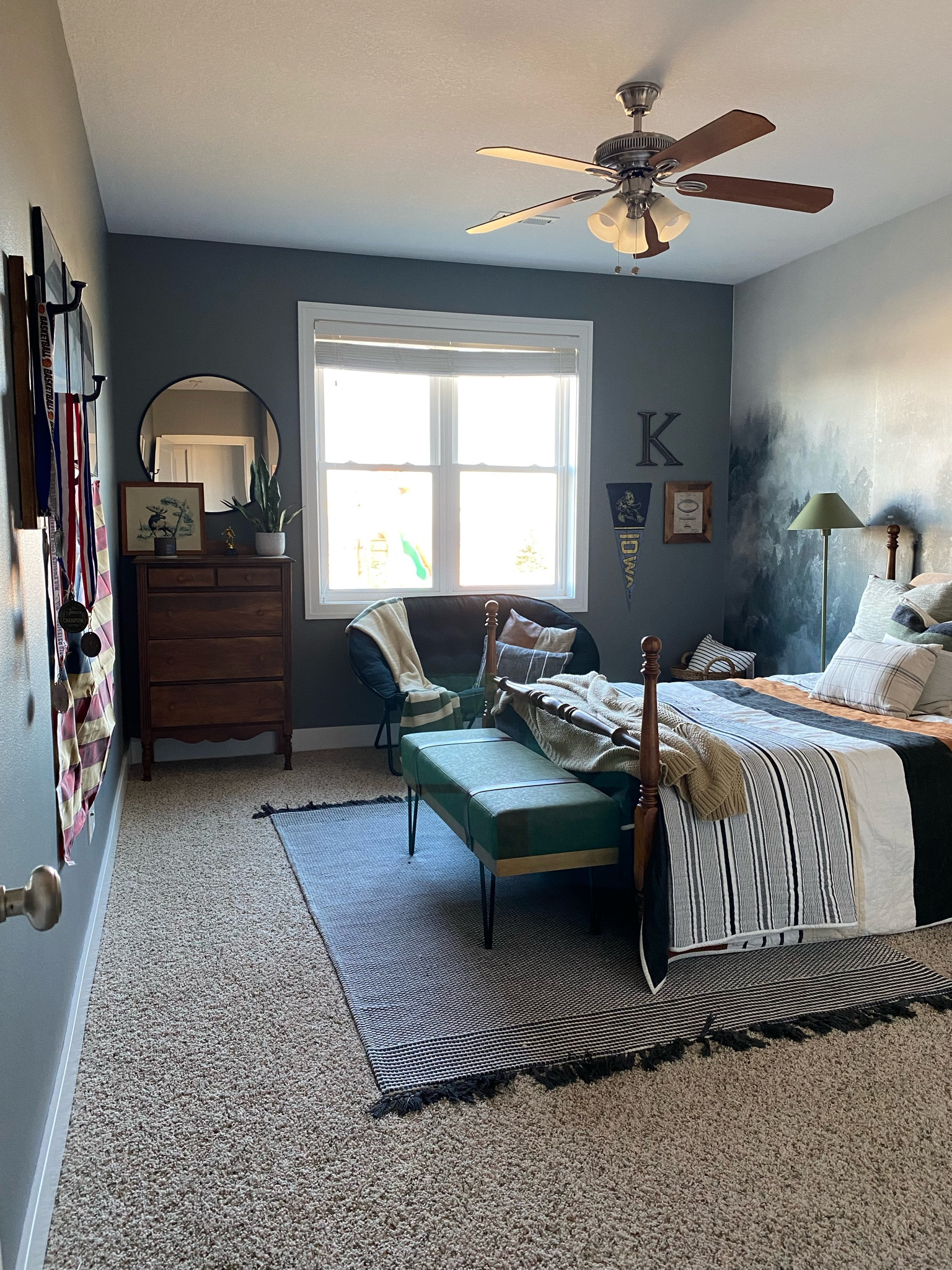 Boys room. Vintage Sports room. Rustic vibes. American flag, rugs, lamps, bench, mirror, football, basketball. #chrislovesjulia #studiomcgee #thebloomingnest

#LTKkids #LTKhome #LTKfamily