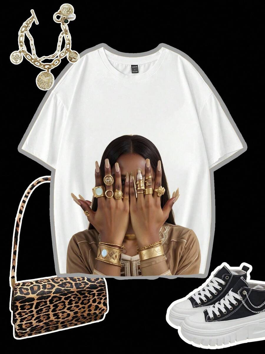 Slaydiva Plus Size Casual Minimalist Round Neck Short Sleeve T-Shirt, Suitable For Summer Gold Je... | SHEIN