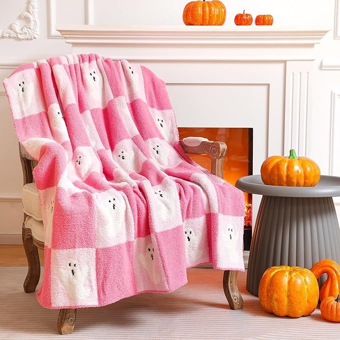 50 x 60 '' Halloween Ghost Throw Blanket Microfiber Pink Ghost Blanket Ghost Face Blanket Cute Bl... | Amazon (US)