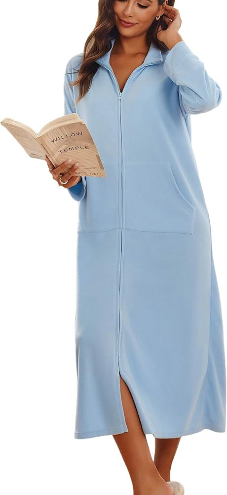 Ekouaer Women Zipper Robe Long Sleeves House Coat Soft Bathrobe Sleepwear with Pockets Housecoat ... | Amazon (US)