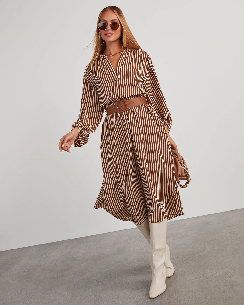 Dimarco Striped Pocketed Belted Midi Dress | VICI