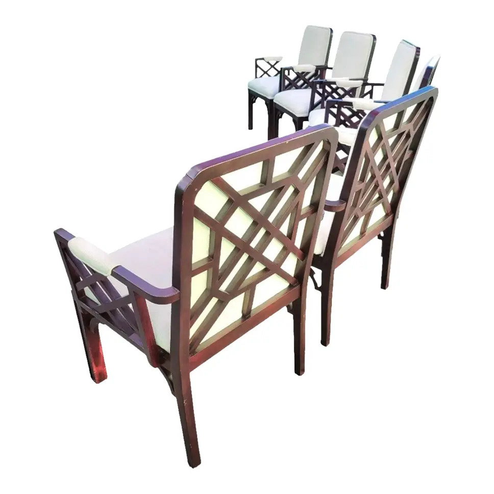 Rare Vintage Upholstered Extra Wide Chinese Chippendale Fretwork Dark Wood Arm Dining Room Chairs... | Chairish