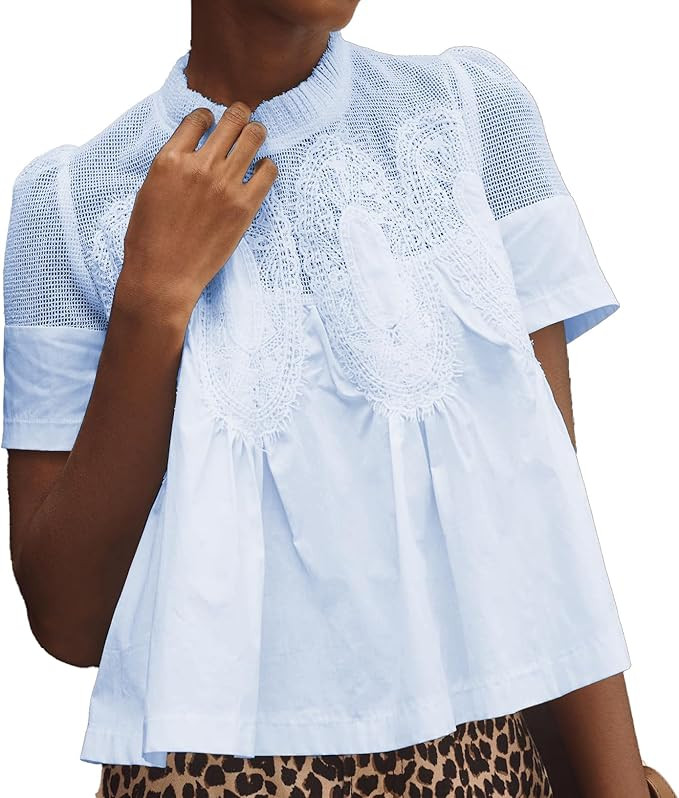 VAOYIU Women Lace-Detail Flared Blouse Short-Sleeve Crew Neck Lace Poplin Mesh Swing Top Elegant ... | Amazon (US)