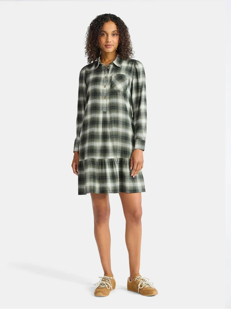 Time and Tru Women's Plaid Mini Dress with Long Sleeves, Sizes XS-XXXL | Walmart (US)