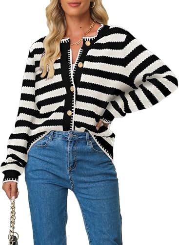 Sidefeel Women's Cardigan Sweaters Striped Open Front Button Down Knitted Cropped Fall Fashion Outwear White Stripe XX-Large | Amazon (US)