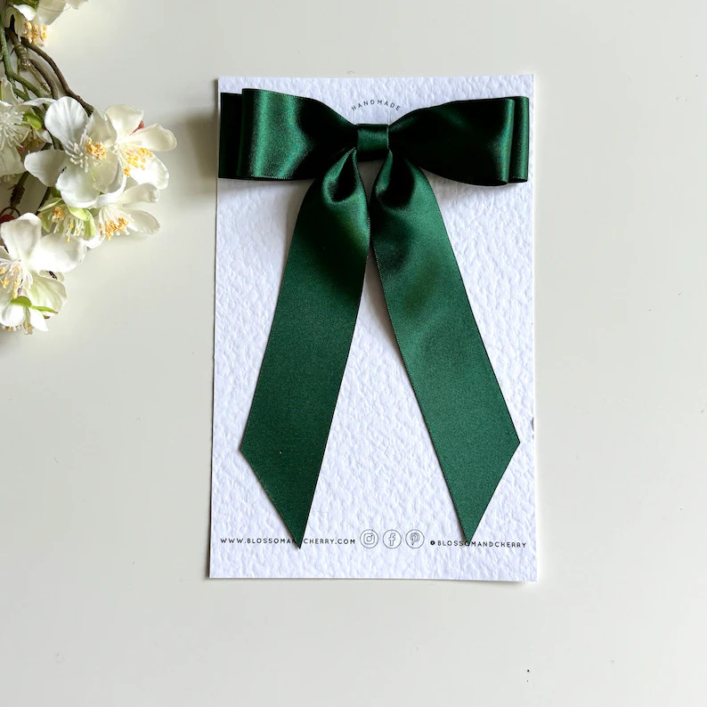 Green Satin Hair Bow: Long Tail Clip, Bobble, or Barrette - Etsy UK | Etsy (US)