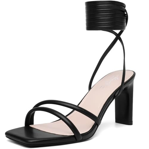 Mostrin Black Womens Sandals Strappy Heels Lace Up Square Open Toe Tie Up High Heeled Sandals for Prom, Party, Daily Wear Size 7.5 | Amazon (US)