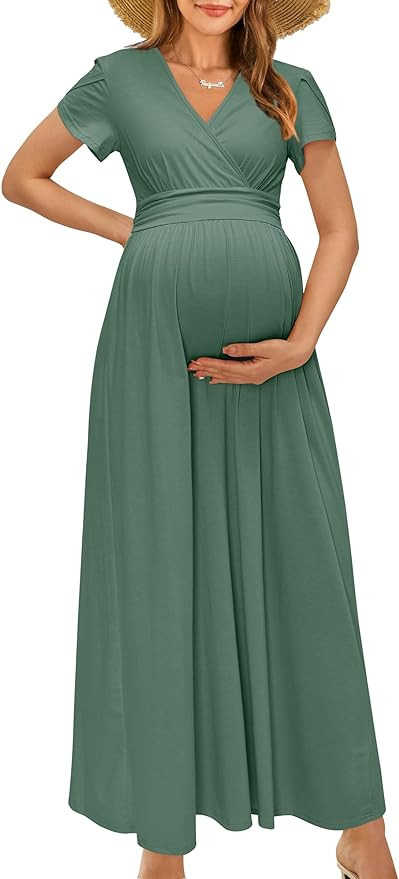 OUGES Maternity Maxi Dress Wrap V Neck Baby Shower Pregnancy Dresses for Photoshoot | Amazon (US)