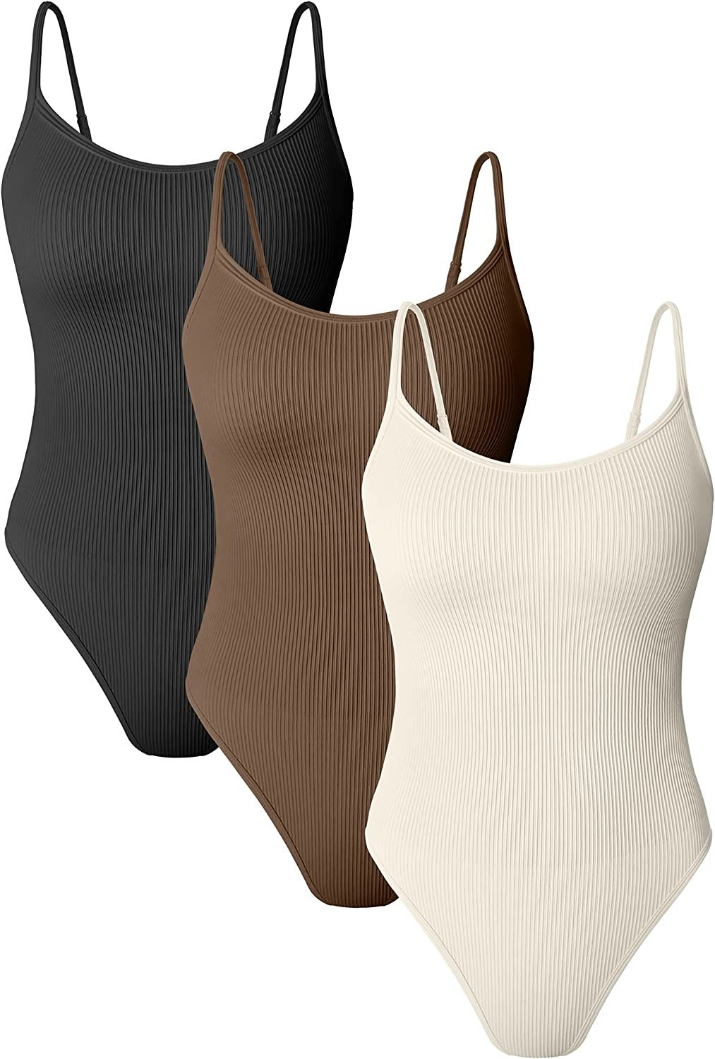 OQQ Women's 3 Piece Bodysuits Sexy Ribbed Adjustable Spaghetti Strip Tops Shapewear Bodysuits | Amazon (US)