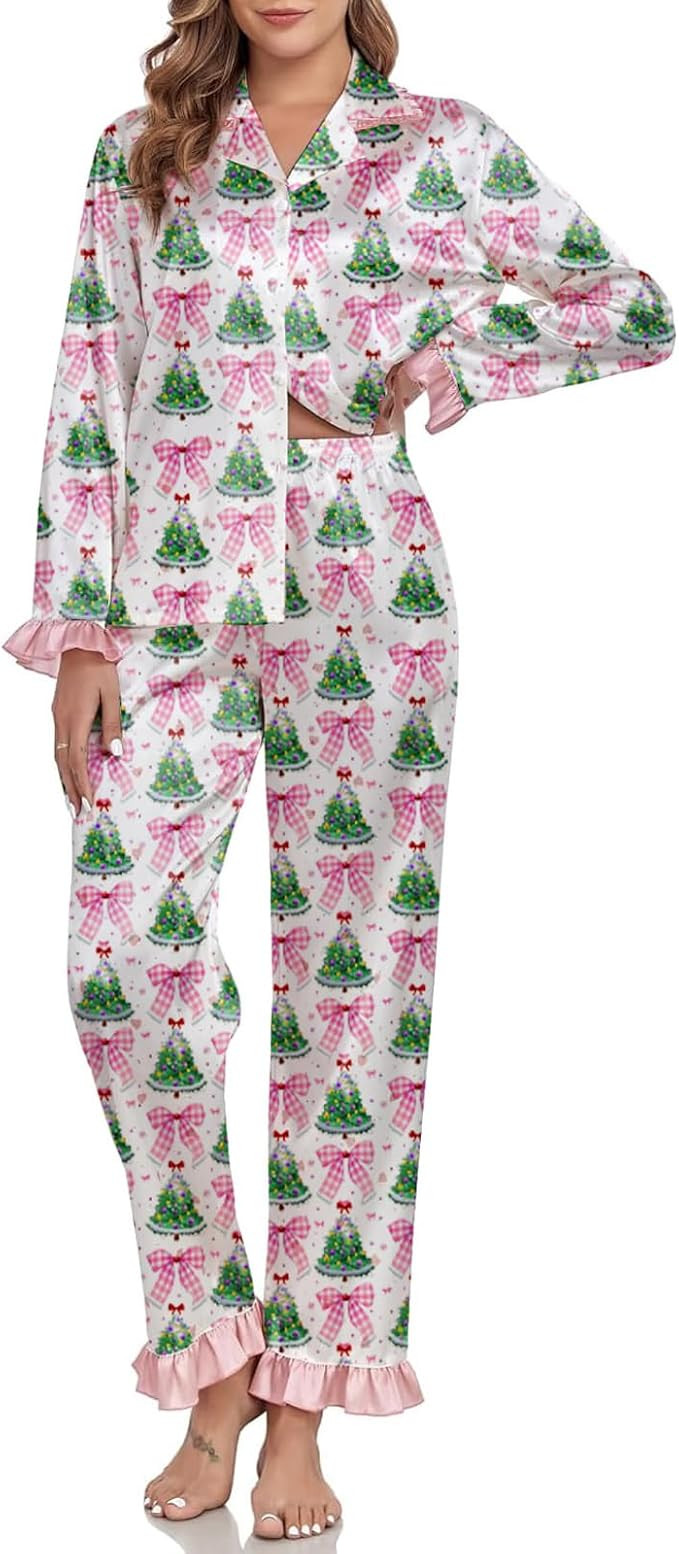 Amiblvowa Women Christmas Pajamas Nutcracker Santa Bow Xmas Tree Cute Satin Christmas Pjs Set 2 P... | Amazon (US)