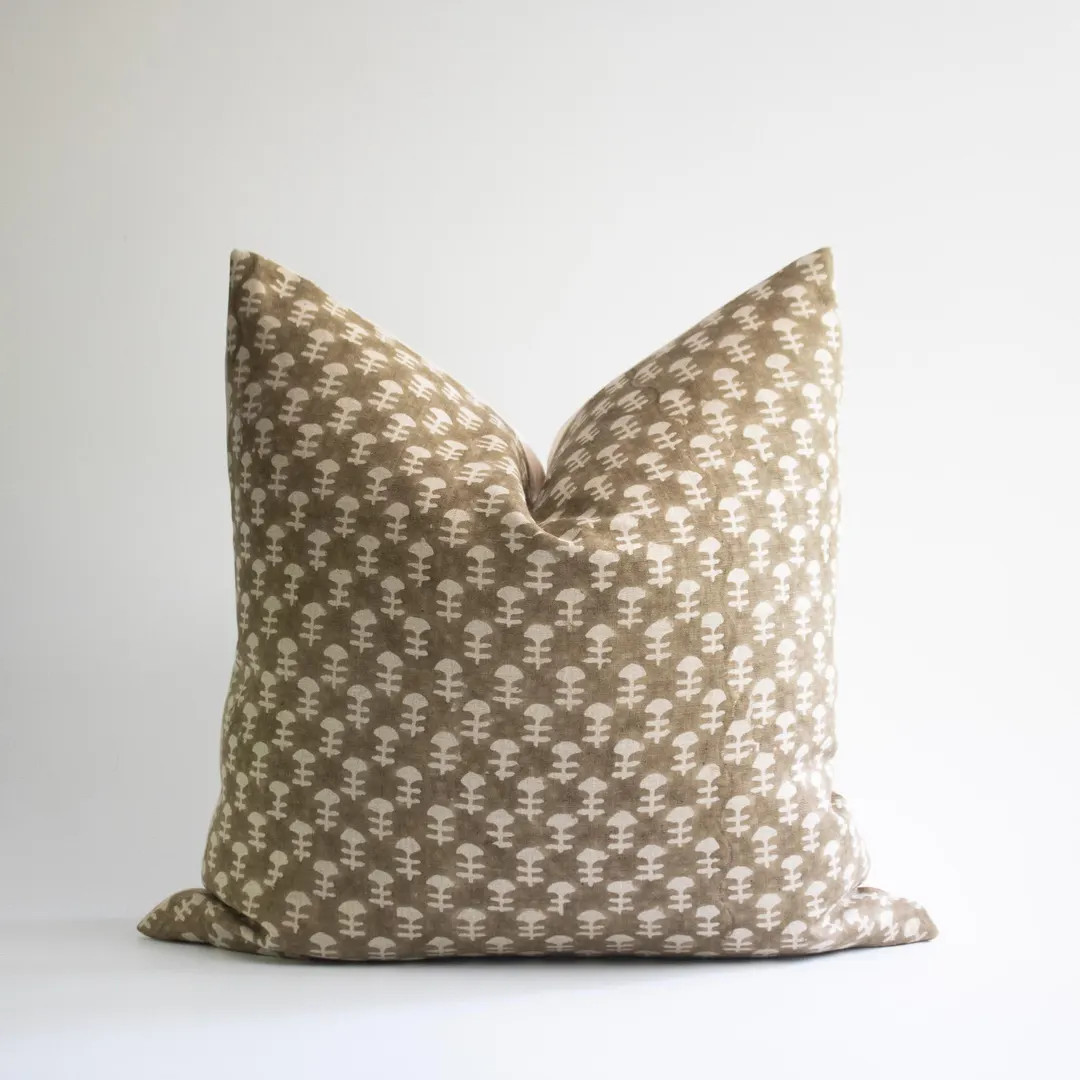 Handblocked Floral Linen Pillow Cover: Khaki Brown Designer Cushion | JUNE | Etsy (US)