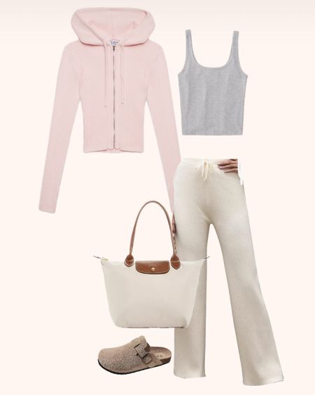 spring outfits, spring outfits 2024, spring outfits amazon, spring fashion, march outfit, casual spring outfits, spring outfit ideas, cute spring outfits, cute casual outfit, date night outfit, date night outfits, vacation outfit, resort outfit, spring outfit, resort wear, rib knit pants, white sweatpants, grey tank, pink cardigan, pink hoodie, longchamp tote, birkenstock clogs, birkenstock boston, airport outfitt