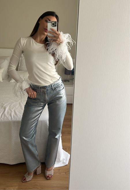 White long sleeve top with feather cuffs and metallic jeans 🤍

Spring outfit inspiration, Manuri, Farfetch, Paris Texas Mules, Italy. 

#LTKSeasonal #LTKeurope #LTKfit
