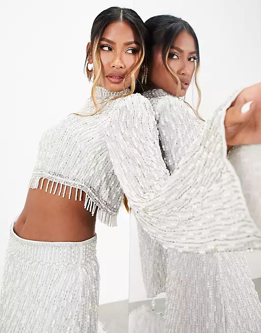 ASOS EDITION linear pearl embellished crop top with high neck in white | ASOS (Global)