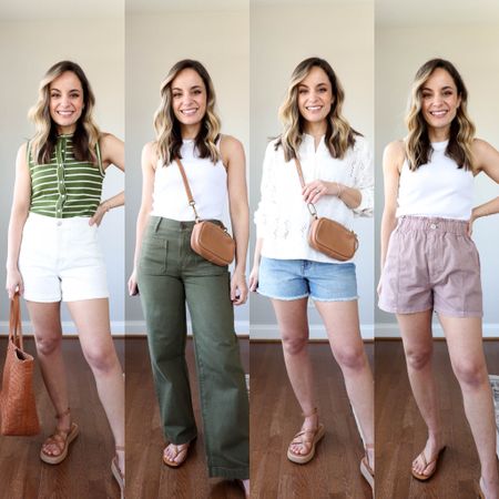 Spring outfits from @madewell #madewellpartner #madewell 

Outfit sizing from left 

Outfit 1: 
Green tank top: xxs (runs small, you may want to size up) 
White shorts: 00/24 tts 
Platform sandals: tts 

Outfit 2: 
Supima tank top: xxs 
Wide leg pants: petite 24 tts 
Sandals: tts 

Outfit 3: 
White top: xxs (runs large, I have the top pinned) 
Relaxed shorts: 00/24 (runs large, you may want to size down) 
Platform sandals: tts 

Outfit 4: 
Paper bag shorts: 00/24 tts 
Supima tank top: xxs 
Sandals: tts 

My measurements for reference: 4’10” 105lbs bust, waist, hips 32”, 24”, 35” size 5 shoe 

#LTKSeasonal #LTKstyletip