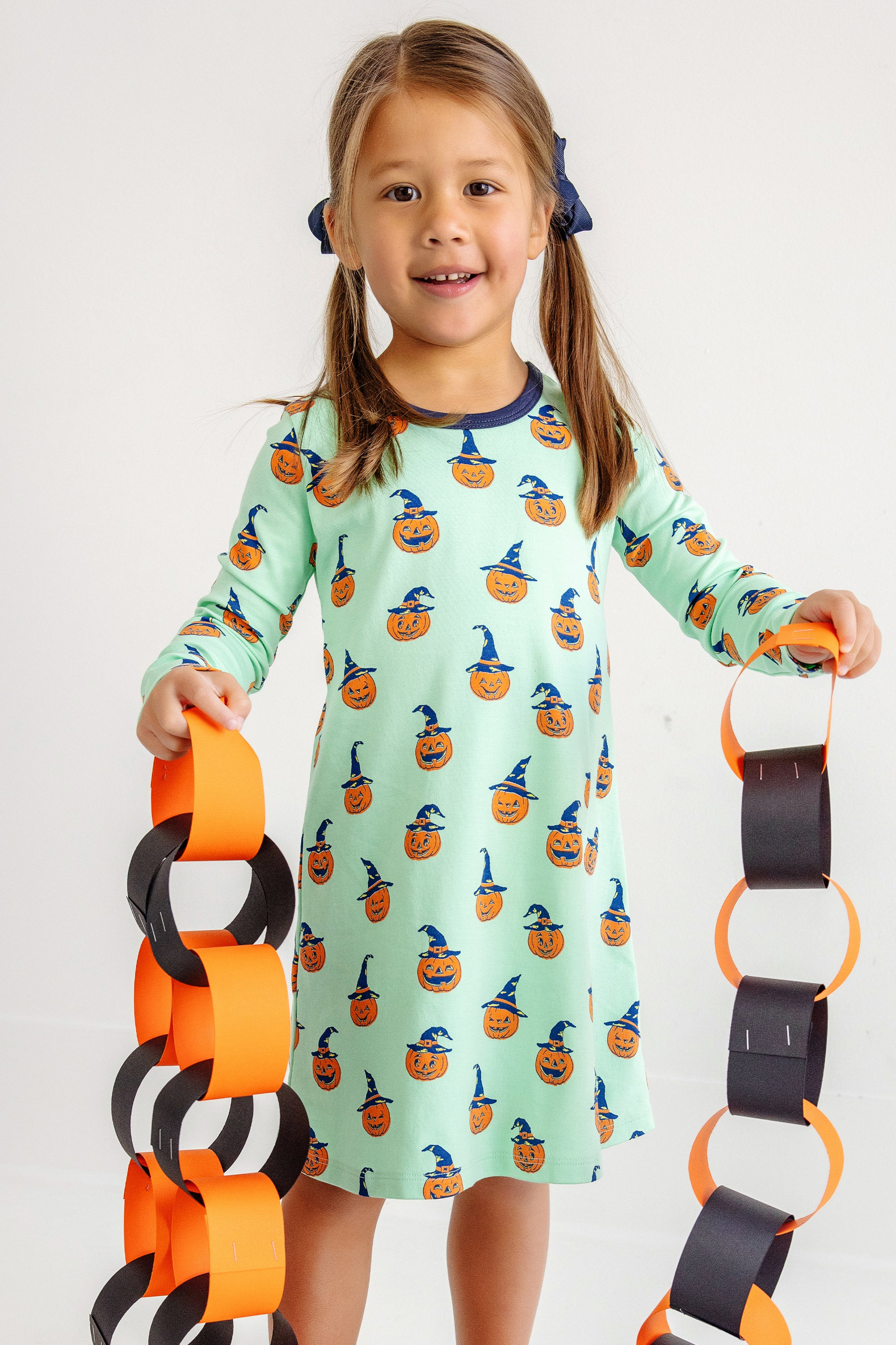 Long Sleeve Polly Play Dress - Olde Jolly Jack O' Lantern with Nantucket Navy | The Beaufort Bonnet Company