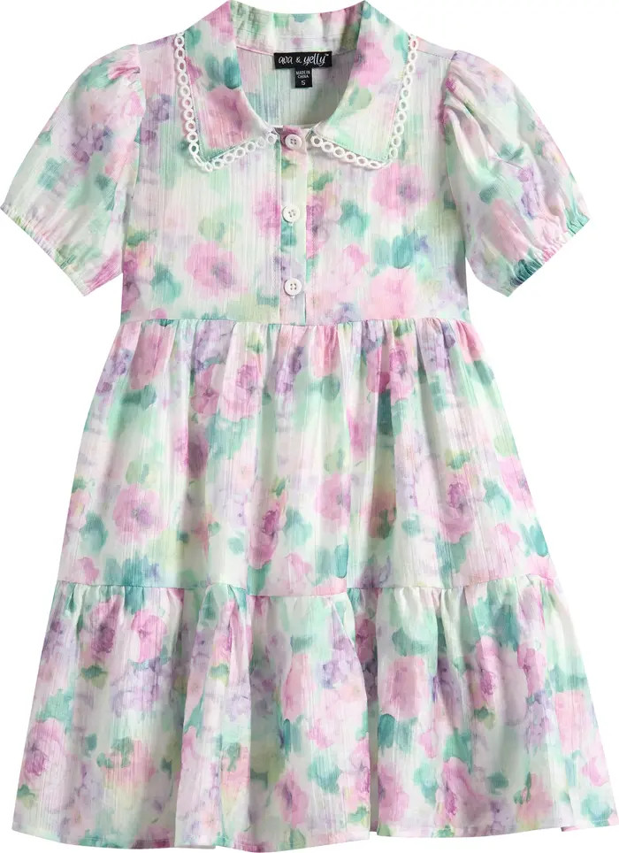 Ava & Yelly Kids' Floral Puff Sleeve Tiered Party Shirtdress | Nordstrom | Nordstrom