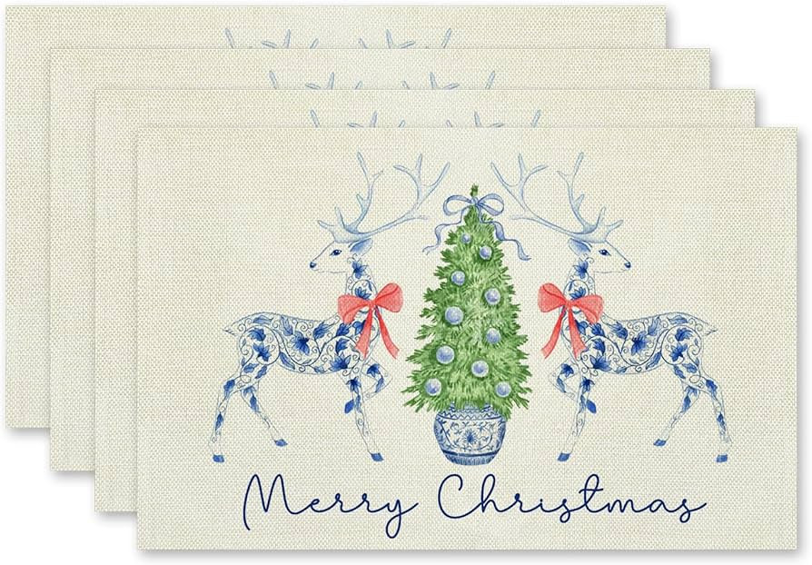 Chinoiserie Christmas Placemats Set of 4, Vintage Blue and White Floral Reindeer Christmas Tree T... | Amazon (US)